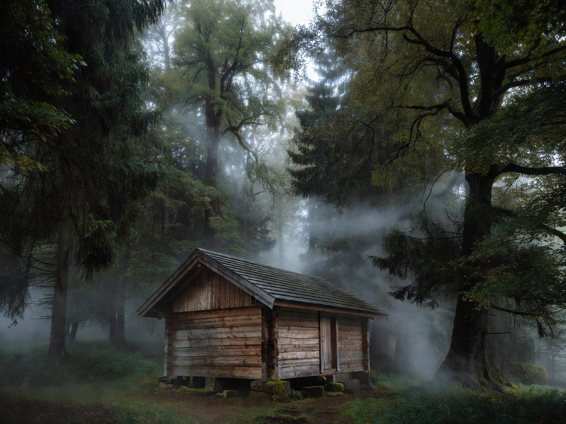 Architectural timber cabin surrounded by misty European forest trees
