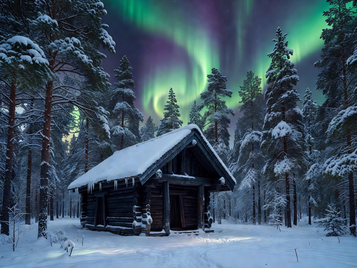 Black charred pine Nordic cabin in Scandinavian pine woodland