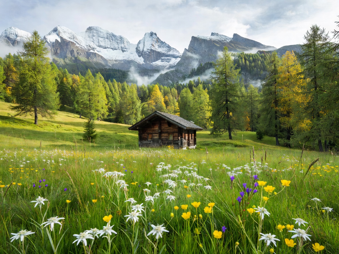 Larch Gable Cabin surrounded by Swiss alpine meadows and larch forests