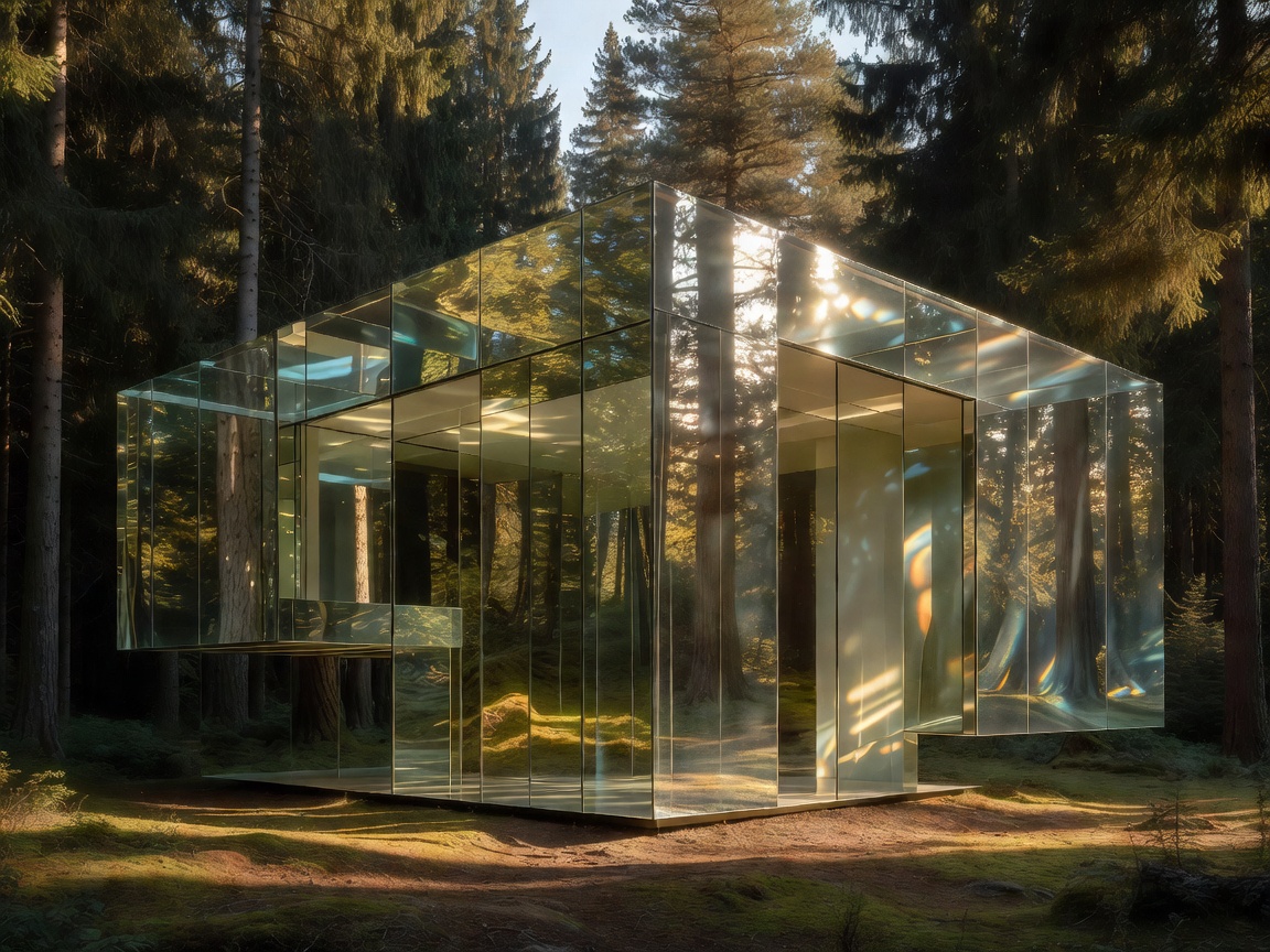 Minimalist glass and larch structure nestled in dense spruce wilderness