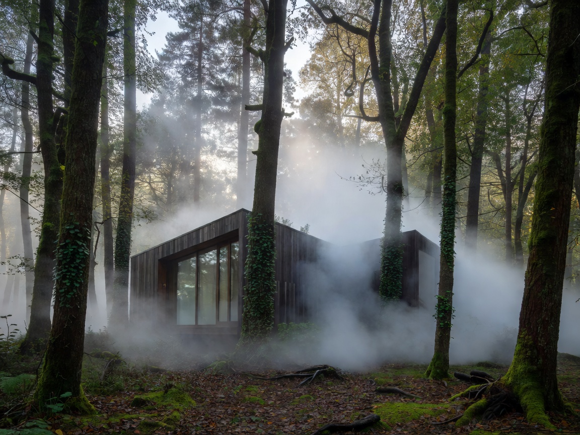 Exterior sauna terrace overlooking misty tree canopy